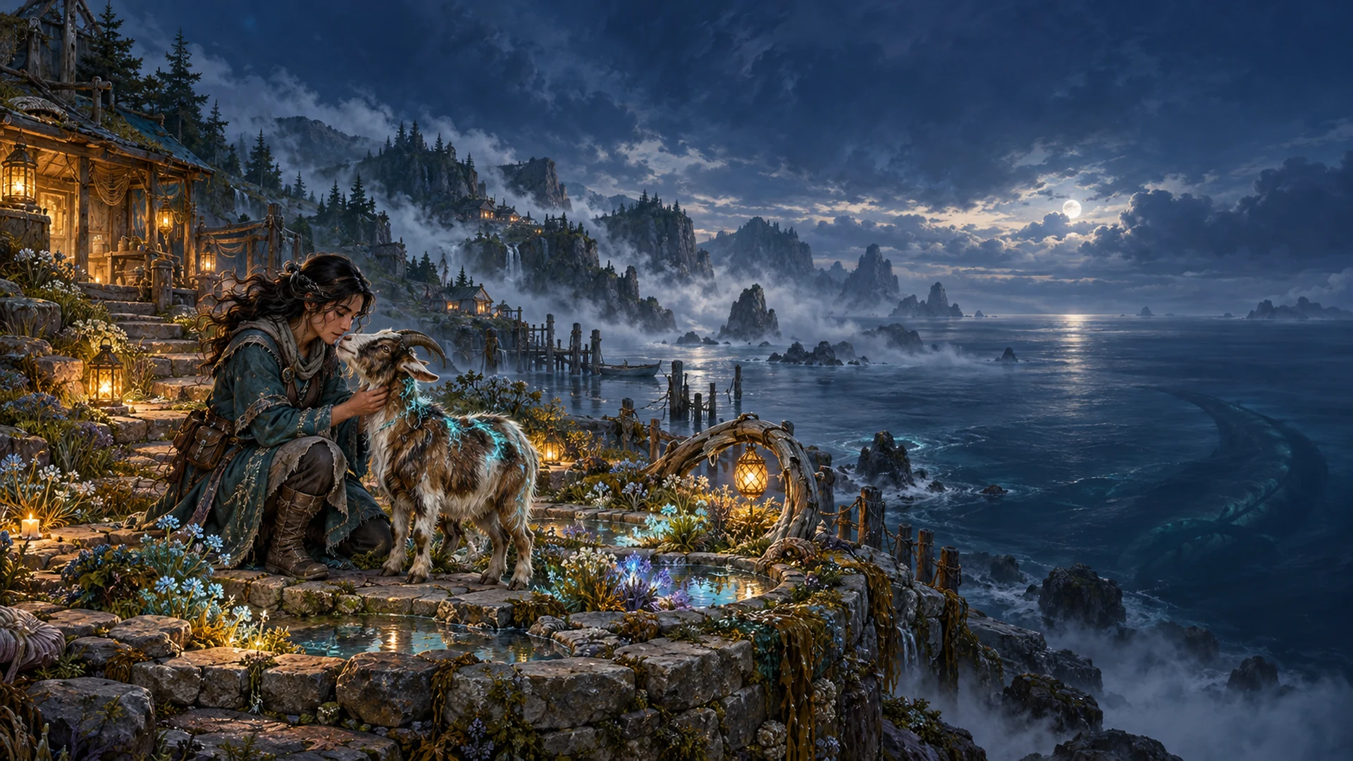 Iona tending Brindle in a lantern-lit coastal Listening Garden, above the misty sea.
